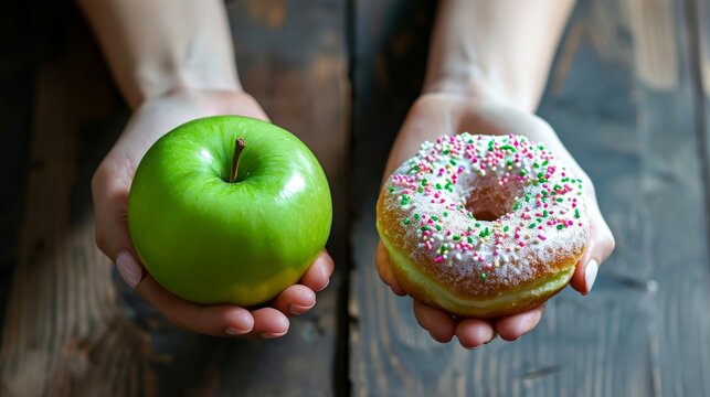 Woman hand holding an green apple and a calorie bomb donut