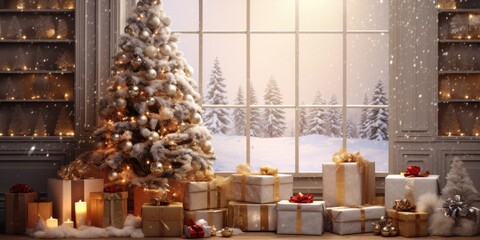 Christmas decorations in a home with presents.