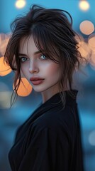 Photo-style illustration with a close-up shot and a blurred background. Feature a stunning woman with striking light blue eyes and long, flowing brunette hair - generative ai