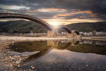 Large wooden bridge at sunset Kintaikyo bridge Iwakuni