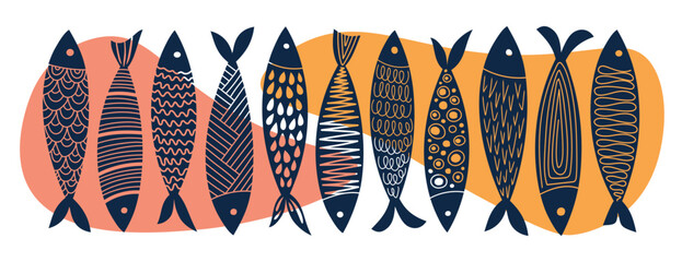 Set of abstract and modern fish, in warm colors. Vector hand-drawn illustration