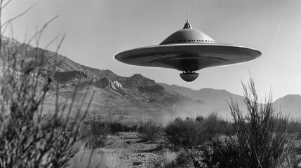 A monochrome photograph capturing a 1950s-style flying saucer suspended in the desert