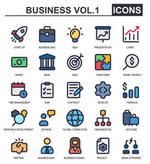 collection of business icons.fill color style.contains brainstorming,chart,connected,global,growth,strategy,development,arrow,startup,time management.great for app menu icons.