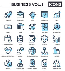 collection of business icons.filled line style.contains startups,bags,ideas,presentations,charts,finance,development search,advisor,global connection.good for application icons.
