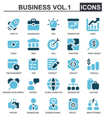 business icon set. blue flat style.contains target,make money,time management,task,contract,develop,finance,development search,advisor,global connection.good for application icons.
