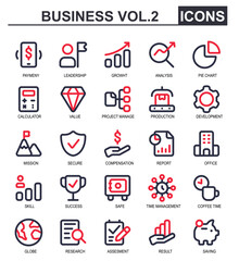 business icon set.2 line color style .contains insurance,compensation,investment,report,office,skill,trophy,safe,time management,coffee break,savings.Suitable for UI application icons.