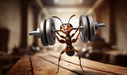 A resilient ant defies its size, showcasing impressive strength as it lifts tiny weights, embodying determination and miniature power.Generated image