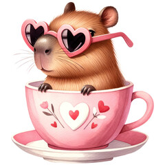 Cute Capybara wearing Heart-Shaped Sunglasses in a Teacup, Happy Valentine Baby Animal in a Cup, Love and Red Heart Concept, Watercolor, Isolated on Transparent Background. Generative AI 