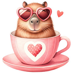 Cute Capybara wearing Heart-Shaped Sunglasses in a Teacup, Happy Valentine Baby Animal in a Cup, Love and Red Heart Concept, Watercolor, Isolated on Transparent Background. Generative AI 
