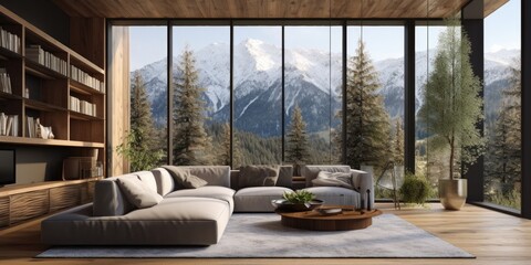 Cozy modern living room with a large scenic window.