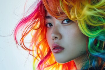 Artistic portrait of an Asian woman with colorful hair, white background