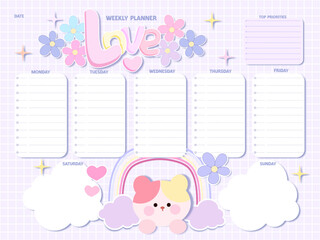 Cute inspiration notepaper kawaii design printable .  White pink pages for tags , weekly notes,  to do list minimal style with flowers Slogan love rainbow cute  cat animals characters 