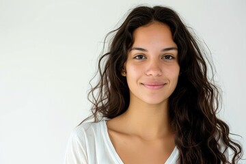 Casual portrait of a Latino woman, relaxed and approachable, white background
