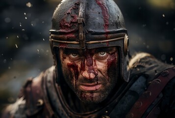 The face of a bloodied Spartan warrior, marked by battle scars, reflects stoic determination and unwavering bravery up close.Generated image - obrazy, fototapety, plakaty