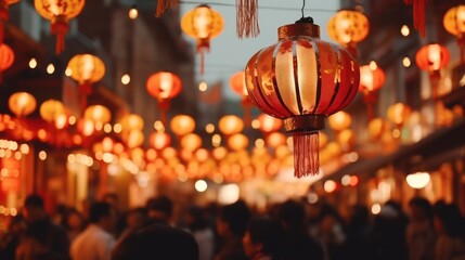 Illuminated red lanterns decorating vibrant street festival. Chinese New Year celebration.