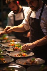 Obraz na płótnie Canvas Chefs preparing beautiful dishes in French restaurant's kitchen