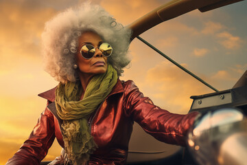 Naklejka premium Elegant Elderly Woman with Afro Style Posing on a Boat in Sunglasses