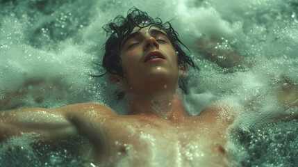 Serenity in Suspension: Male Floating in Bubbling Waters. A young man's peaceful face is the focus as he floats weightlessly amidst effervescent waters, the light casting a warm, ethereal