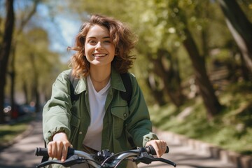 Young pensive dreamful happy woman 20s wearing casual green jacket jeans riding bicycle bike on sidewalk in city spring park outdoors, look aside People active urban healthy lifestyle cycling concept - obrazy, fototapety, plakaty