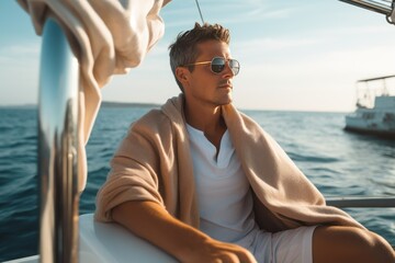 Positive adult male in sunglasses and towel sitting on expensive boat floating on sea in sunny day