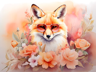 Portrait of red fox in the glasses, flowers around, soft colors, watercolor.