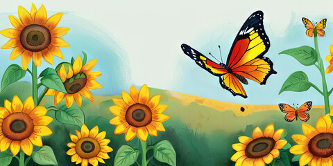 Illustrated Toon Drawing of a Butterfly over a Field of Sunflowers and a Butterfly Blue Sky Background