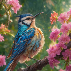 Beautiful Painted Blue Jay Bird Perched on Branch with Pink Flowers