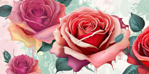 Illustrated Color Drawing Red and Pink Roses on White Background