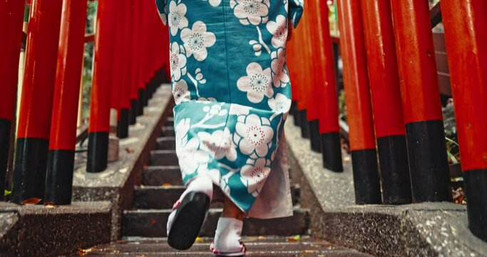 Stairs, feet and person exploring steps in Tokyo, aesthetic and walking for wellness. Japanese person, traditional shoes and culture or aesthetic in outdoors, cardio and travel or commute in city