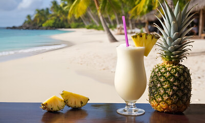 closeup photo of fresh cold alcoholic fruit pina colada cocktail drink glass with cream and pineapple with blurry tropical beach bar in the background - obrazy, fototapety, plakaty