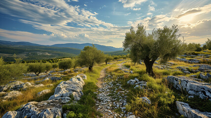Olive trees in Dalmatian stony environment, Croatia, background, ai generative
