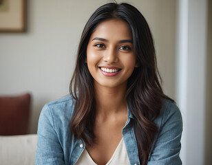  Portrait of a beautiful young Asian Indian model woman, radiant, joyful, confident, with clean teeth, captured