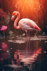 A pink flamingo standing in the water with pink flowers. Generative AI.