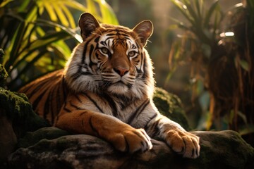 A tiger is sitting on a rock in the jungle. Generative AI.
