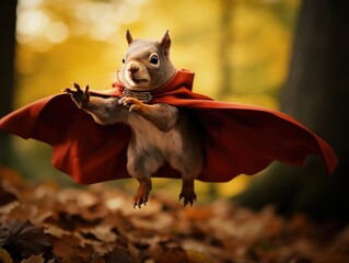 A squirrel dressed as a red cape flying through the air. Generative AI.