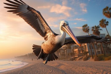 A pelican is flying over the beach at sunset. Generative AI. - obrazy, fototapety, plakaty