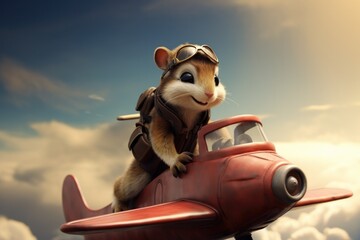 A cartoon squirrel riding on a small plane. Generative AI.