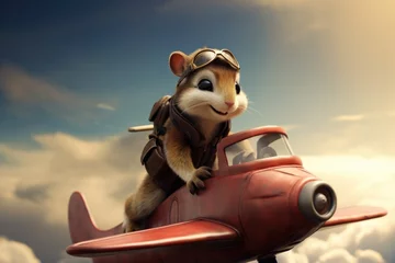 Rolgordijnen A cartoon squirrel riding on a small plane. Generative AI. © serg3d