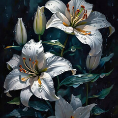  oil paint illustration of white lilies on a dark background with water drops, Beautiful, botanic,...