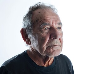 Nostalgic portrait of an American man, reminiscent and wistful, white background