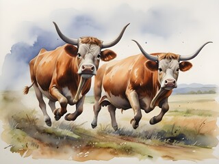 Watercolor painting with two horned cows running. Generative AI