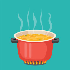 Cooking pot with delicious soup on the stove