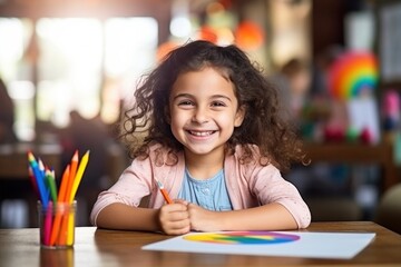 Happy little girl sitting at a table and drawing with colored pencils. Children's creativity