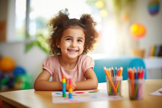 Happy little girl sitting at a table and drawing with colored pencils. Children's creativity