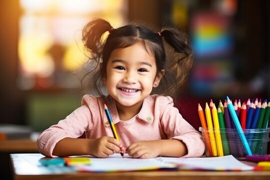 Happy little girl sitting at a table and drawing with colored pencils. Children's creativity