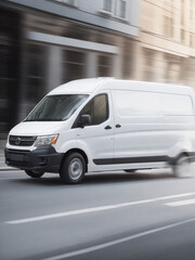 fast moving car, white delivery van side view on blur city street background, moving minivan in urgent fast motion, concept of logistics, food merchandise commercial delivery or post service, banner 