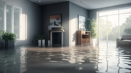 office interior, house flooding insurance coverage for modern homes and apartments. concept of disaster accident water overflow wet floor in Livingroom. generative ai