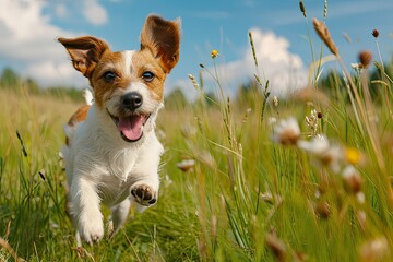 dog running through summer meadow