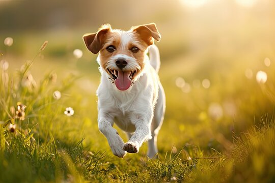 dog running through summer meadow, energetic