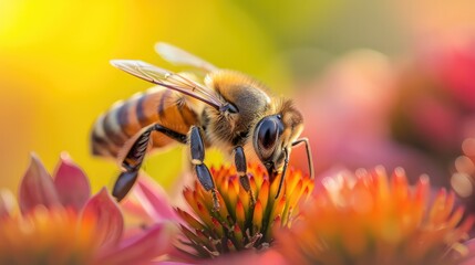 close-up of a bee pollinating flowers, summer buzz, vibrant